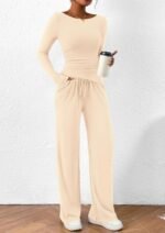 PRETTYGARDEN Women's 2 Piece Lounge Sets Asymmetrical Long Sleeve T Shirt Wide Leg Pants Casual Outfits Tracksuit - Image 5