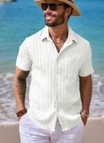 JMIERR Mens Short Sleeve Button Up Shirts Hawaiian Textured Shirt Casual Solid Color Dress Shirt Golf Shirts - Image 3