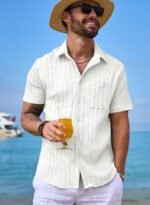 JMIERR Mens Short Sleeve Button Up Shirts Hawaiian Textured Shirt Casual Solid Color Dress Shirt Golf Shirts - Image 5