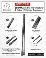 2 Pcs 12-inch Cooking Tweezers Tongs Precision Serrated Tips, Stainless Steel Professional Chef Tweezer Kitchen Tools for BBQ, Plating and Serving (Black) - Image 3