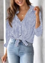 AISEW Womens Button Down Shirts Striped Classic Long Sleeve Collared Office Work Blouses Tops with Pocket - Image 3