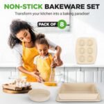 NutriChef 8-Piece Stackable Bakeware Set - Carbon Steel Non-Stick Baking Pan Set, Sheet, Muffin, Round, Loaf, Square Cake & Deep Pans, 450°F Heat Resistant, Standard & Convection Ovens (Marble Cream) - Image 3