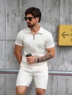 EISHOPEER Men's Polo Shirt and Shorts Set Fashion Zipper 2 Pieces Outfits - Image 3