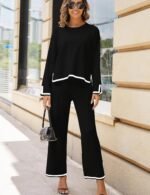 Tanming Women's 2 Piece Outfits Long Sleeve Knit Sweater Top Wide Leg Pants Lounge Sets Tracksuits - Image 3