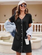 Ekouaer Nightgowns for Women 2 Pack Button Down Sleepshirt Short Sleeve Nightshirt Soft Sleepwear V Neck Pajama Dress Black/Grey Stripe S - Image 3