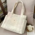 Canvas Tote Bag with Zipper, Beige Black Multi Pocket Shoulder Bag for Women, Medium Handbag Purse for Work (Beige) - Image 3