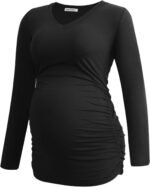Smallshow Women's V-Neck Maternity Shirt Clothes Long Sleeve Ruched Pregnancy Top - Image 4