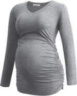 Smallshow Women's V-Neck Maternity Shirt Clothes Long Sleeve Ruched Pregnancy Top - Image 5