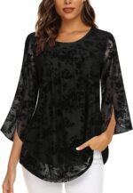 Viracy Womens Dressy Tops Crewneck 3/4 Sleeve Tunic Tops Pleated Front Double Layers Elastic Mesh Casual Flowy Work Shirts - Image 3