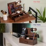 TESLYAR Wood Phone Docking Station with Drawer - Nightstand Organizer - Desk Organizer for Husband - Birthday Gifts for Men, Dad, Anniversary Idea, Key Holder Stand Watch & Accessories (Bourbon Brown) - Image 5