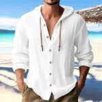 Men Cotton Linen Long Sleeve Button Down Shirt Summer Casual Hawaiian Beach Tops Lightweight Fashion Shirts - Image 3