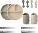 PandaEar Silicone Baby Feeding Set| 2 Pack Silicone Divided Suction Plate and 2 Pack Tiny Cup with 2 Spoons 2 Forks| Baby Led Weaning Supplies Self Feeding Eating Utensils (Light Tan/Walnut) - Image 3