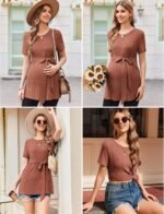 Ekouaer Maternity Tops Short Sleeve Pregnancy Shirts Tee Tunic Casual T Shirt Ribbed Knit Pregnant Clothes - Image 3