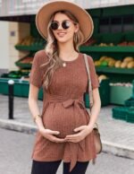 Ekouaer Maternity Tops Short Sleeve Pregnancy Shirts Tee Tunic Casual T Shirt Ribbed Knit Pregnant Clothes - Image 4