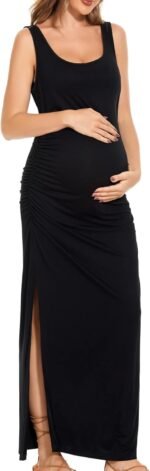 Smallshow Women's Split Long Maternity Dress Sleeveness Ruched Pregnancy Clothes - Image 4