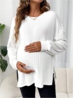 MakeMeChic Women's Maternity Tee Shirt Long Sleeve Round Neck Split Hem Rib Knitted Pregnancy Tops - Image 4