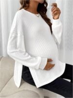 MakeMeChic Women's Maternity Tee Shirt Long Sleeve Round Neck Split Hem Rib Knitted Pregnancy Tops - Image 6