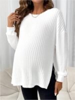 MakeMeChic Women's Maternity Tee Shirt Long Sleeve Round Neck Split Hem Rib Knitted Pregnancy Tops - Image 7