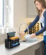 Hand and Dish Soap Dispenser Set with Tray, Dual Soap Dispenser with Sponge Holder and Dishcloth Holder 5-in-1 Organizer for Kitchen Sink Countertop Storage Organize - Useful Kitchen Gadgets (Black) - Image 7