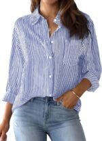 AISEW Womens Button Down Shirts Striped Classic Long Sleeve Collared Office Work Blouses Tops with Pocket - Image 2