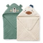 Blissful Diary Muslin Baby Hooded Towel 2 Pack, Soft & Absorbent Bath Towel for Infant, Toddler, Unisex, Baby Gift, Newborn Essentials, Bear & Duck - Image 2