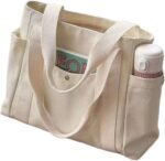 Canvas Tote Bag with Zipper, Beige Black Multi Pocket Shoulder Bag for Women, Medium Handbag Purse for Work (Beige) - Image 2