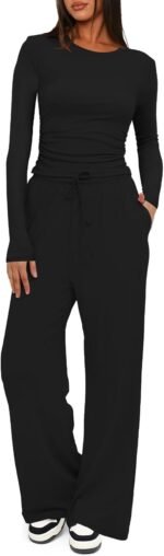Darong Women's 2 Piece Outfits Lounge Sets 2026 Long Sleeve Tops Wide Leg Pants Casual Matching Set - Image 2