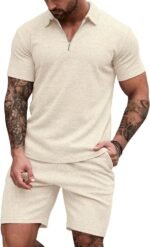EISHOPEER Men's Polo Shirt and Shorts Set Fashion Zipper 2 Pieces Outfits - Image 2