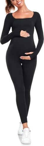 EastElegant Maternity Seamless Yoga Jumpsuits Women's One Piece Workout Bodysuits Ribbed Square Neck Long Sleeved Romper - Image 2