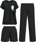 Ekouaer 3 PCS Maternity Nursing Pajamas Set Postpartum Breastfeeding Short Sleeve Shirts, Pregnancy Shorts & Pants Pjs S-XXL - Image 2