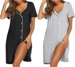 Ekouaer Nightgowns for Women 2 Pack Button Down Sleepshirt Short Sleeve Nightshirt Soft Sleepwear V Neck Pajama Dress Black/Grey Stripe S - Image 2