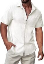 JMIERR Mens Short Sleeve Button Up Shirts Hawaiian Textured Shirt Casual Solid Color Dress Shirt Golf Shirts - Image 2