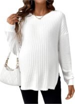 MakeMeChic Women's Maternity Tee Shirt Long Sleeve Round Neck Split Hem Rib Knitted Pregnancy Tops - Image 2
