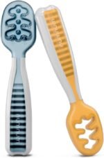 NumNum Baby Spoons Set, Baby Essentials Pre-Spoon GOOtensils for 6+ Months, First Stage Self-Feeding Spoons for Baby Led Weaning (BLW), Silicone Toddler Utensils, BPA-Free, 2 Pack Blue/Orange - Image 2