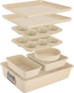 NutriChef 8-Piece Stackable Bakeware Set - Carbon Steel Non-Stick Baking Pan Set, Sheet, Muffin, Round, Loaf, Square Cake & Deep Pans, 450°F Heat Resistant, Standard & Convection Ovens (Marble Cream) - Image 2
