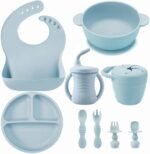 PandaEar Silicone Baby Feeding Set | 9PCS Baby Led Weaning Supplies Self Feeding Utensils | Divided Suction Plate Bowl Bibs Sippy Cup with Baby Snack Container Spoons Forks (Blue) - Image 2