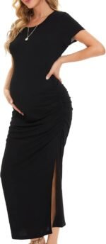 Smallshow Women's Split Long Maternity Dress Short Sleeve Ruched Pregnancy Clothes - Image 2