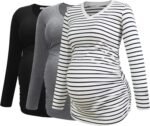 Smallshow Women's V-Neck Maternity Shirt Clothes Long Sleeve Ruched Pregnancy Top - Image 2