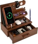TESLYAR Wood Phone Docking Station with Drawer - Nightstand Organizer - Desk Organizer for Husband - Birthday Gifts for Men, Dad, Anniversary Idea, Key Holder Stand Watch & Accessories (Bourbon Brown) - Image 2