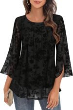 Viracy Womens Dressy Tops Crewneck 3/4 Sleeve Tunic Tops Pleated Front Double Layers Elastic Mesh Casual Flowy Work Shirts - Image 2