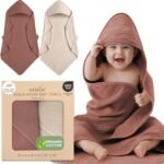 100% Organic Cotton Muslin Baby Hooded Towels 32x32 Inch – 2 Pack Soft & Absorbent Newborn Bath Towels for Boys & Girls, Premium Hooded Towels, Ultra-Gentle Baby Essentials in Rust/Ivory - Image 2