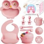 13Pcs Silicone Baby Feeding Set - Baby Spoon, Baby Bowls, Baby Plates with Suction, Baby Bib, Toddler Cups with Replaceable Lids (Pink) - Image 2