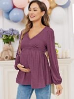 Women's Maternity Tops Long Sleeve V Neck Fall Loose Blouse Ruched Babydoll Pregnancy Shirts S-2XL - Image 3