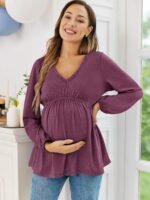 Women's Maternity Tops Long Sleeve V Neck Fall Loose Blouse Ruched Babydoll Pregnancy Shirts S-2XL - Image 4