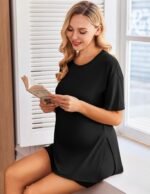 Ekouaer Women's Maternity Pajamas Sets 2 Piece Outfits Short Sleeve Shirts and Biker Shorts Pregnancy Loungewear Mama Clothes - Image 3