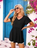 OFEEFAN Womens Summer Tops Babydoll Short Sleeve Shirts Puff Sleeve Peplum Tops V Neck T Shirts - Image 4