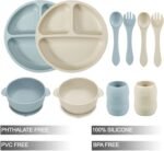 PandaEar Silicone Baby Feeding Set| 2 Divided Suction Plate + 2 Suction Bowl + 2 Tiny Cup with 2 Spoons| Baby Led Weaning Supplies Self Feeding Utensils (Blue White) - Image 3