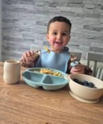 PandaEar Silicone Baby Feeding Set| 2 Divided Suction Plate + 2 Suction Bowl + 2 Tiny Cup with 2 Spoons| Baby Led Weaning Supplies Self Feeding Utensils (Blue White) - Image 4