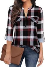 Tanst Sky Womens Casual Long Sleeve Zipped V Neck Plaid Tunic Blouses - Image 3