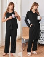 Ekouaer Maternity Nursing Robe Set 3 Pieces Sleeveless Top, Pregnancy Pants & Robe Double Layer Pajamas S-XXL - Image 3